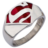 Superman Logo Stainless Steel Red Enamel Signet Mens Ring
